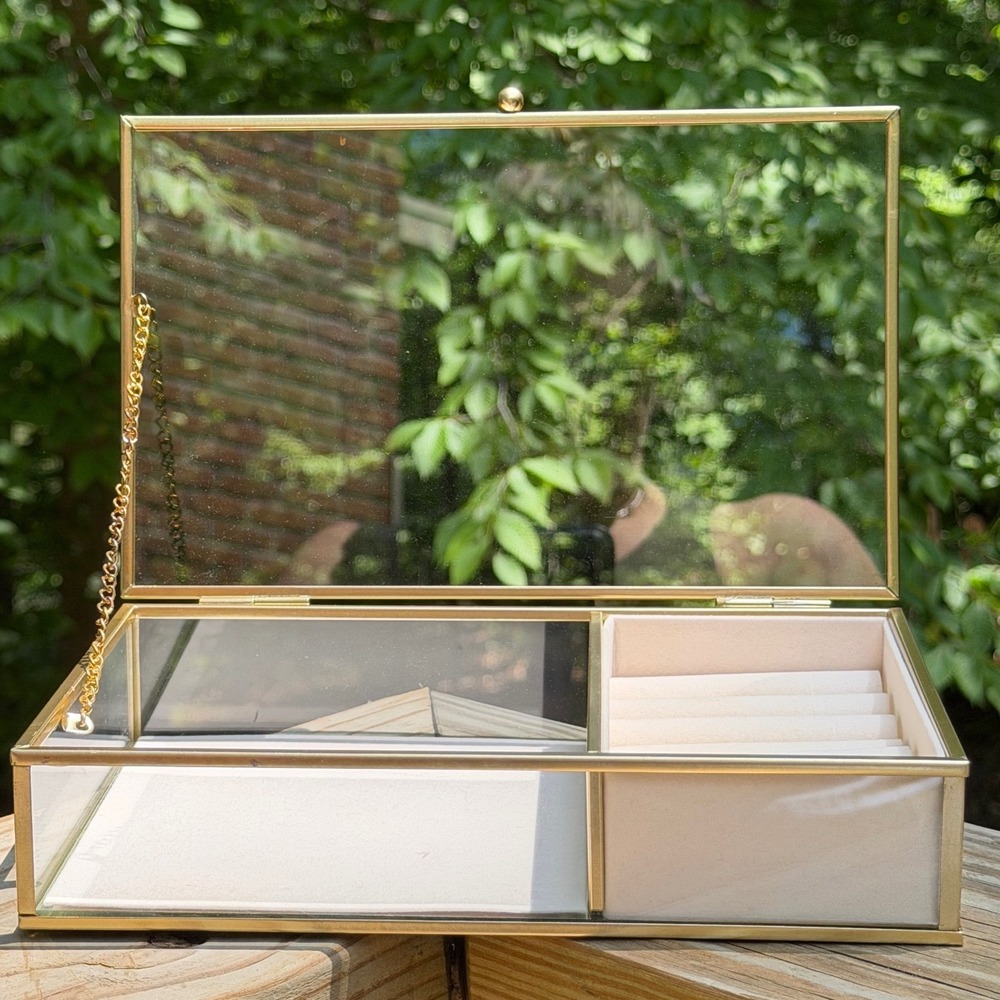 Glass & Gold Brass Jewelry Organizer Box Velvet Ring Tray Clear Lid